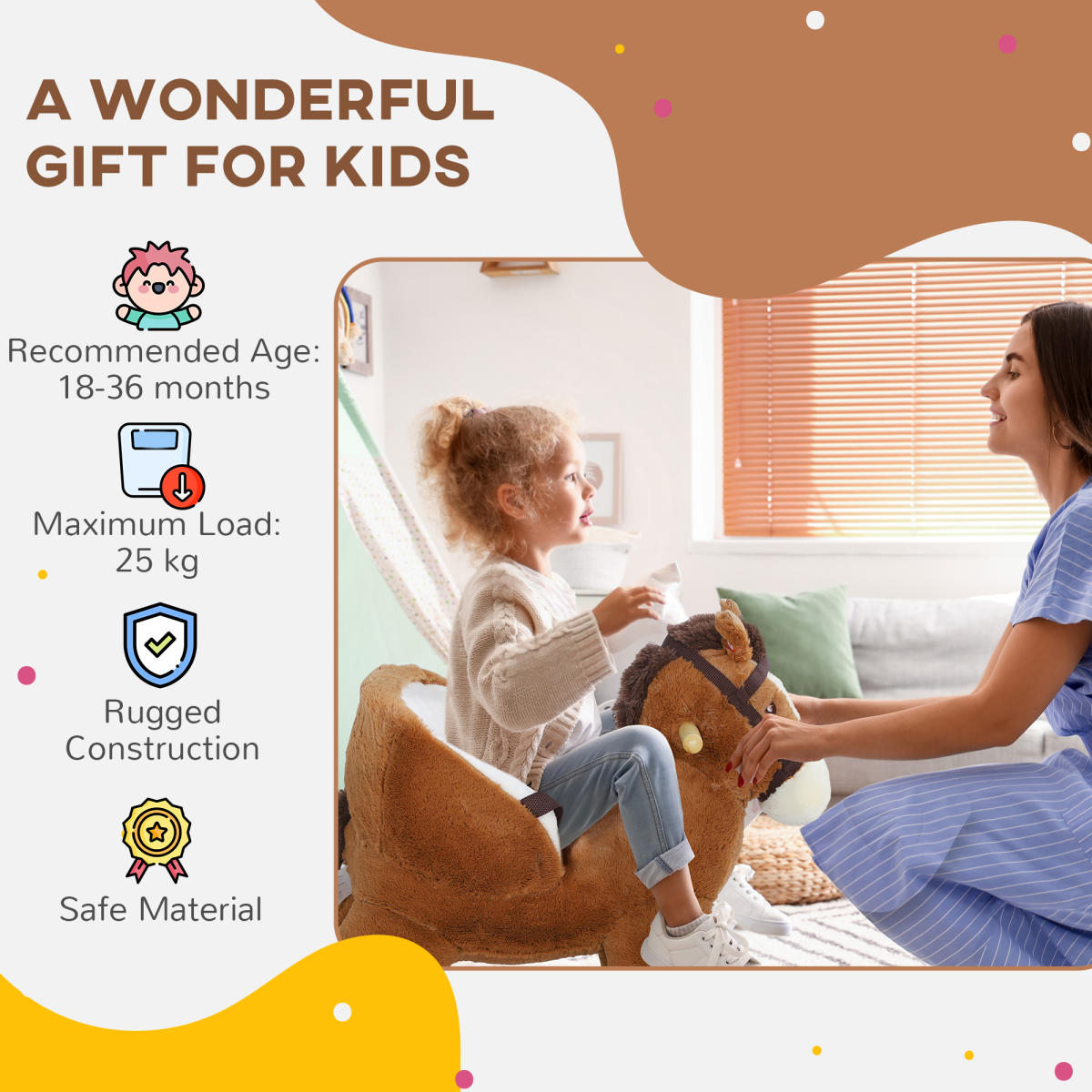 Plush Rocking Horse with Sounds – Brown & Cream (18–36 Months)