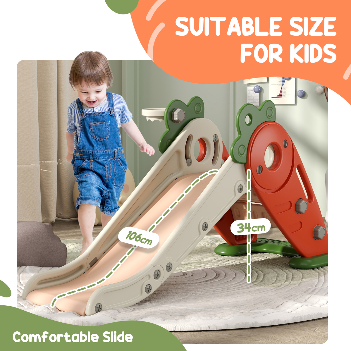 🥕 Carrot-Themed Toddler Slide & Climber with Basketball Hoop – Orange