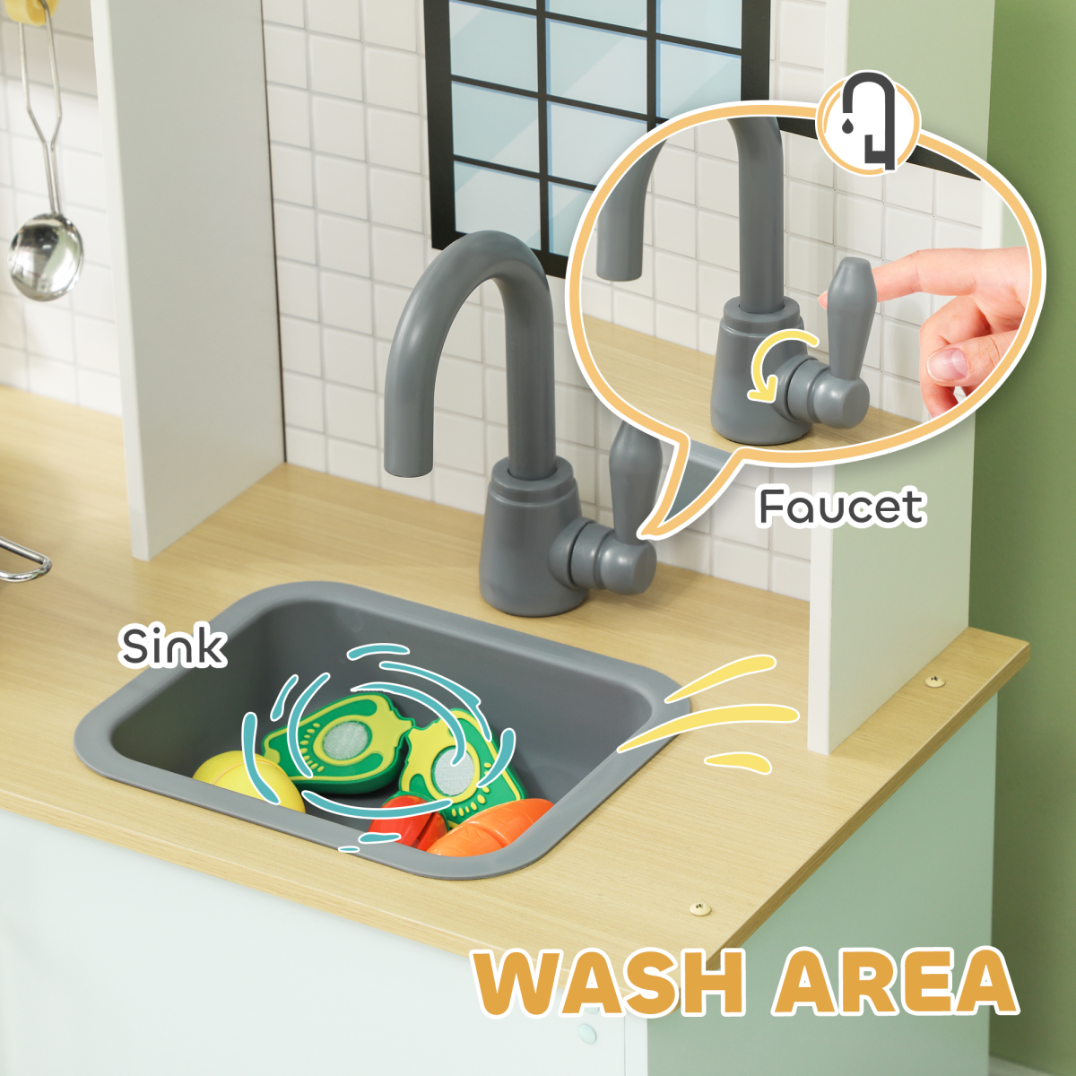 Kids Wooden Play Kitchen with Stove, Oven & Sink – Blue & White