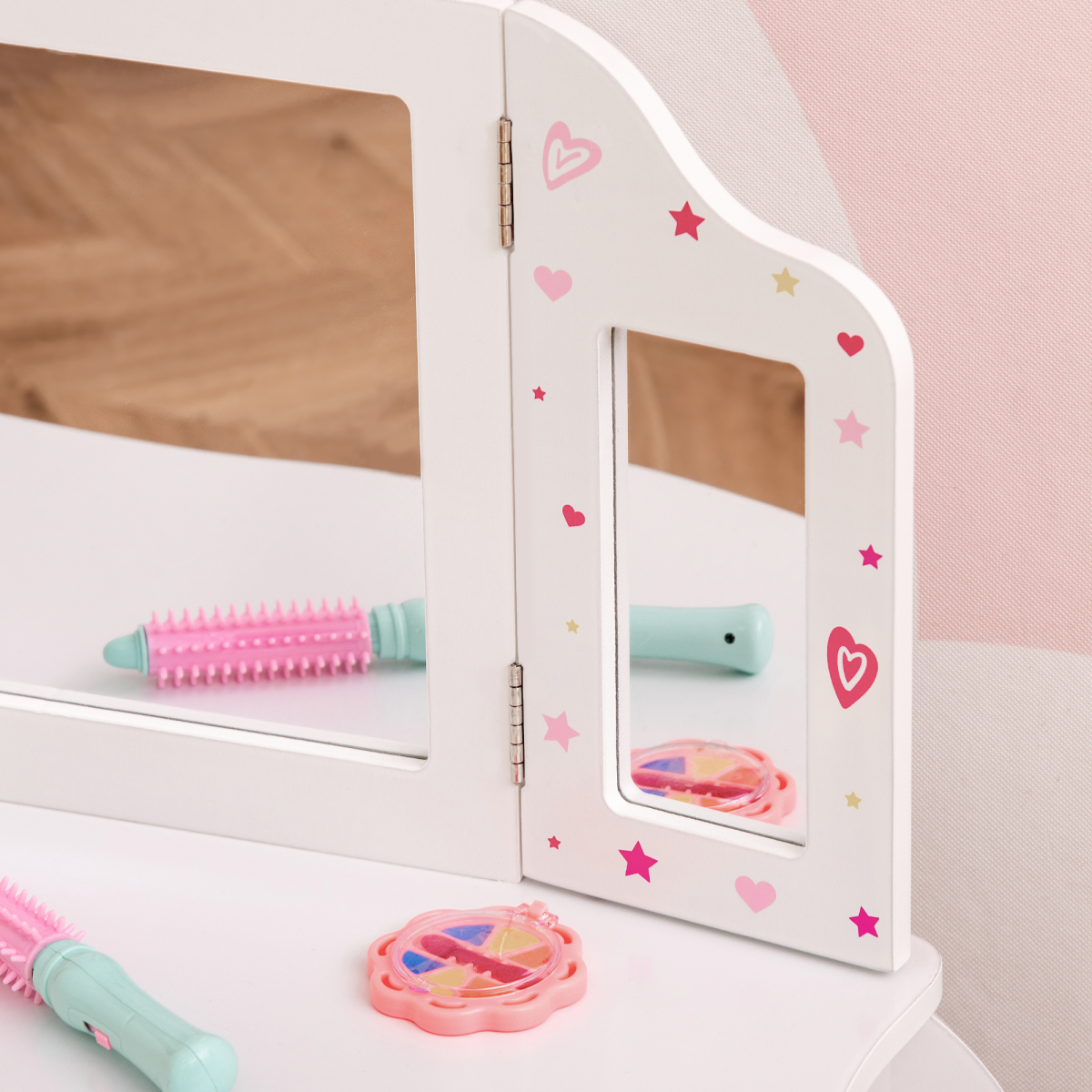 HOMCOM Kids Vanity Table & Stool Set with Rotatable Mirror – White & Pink