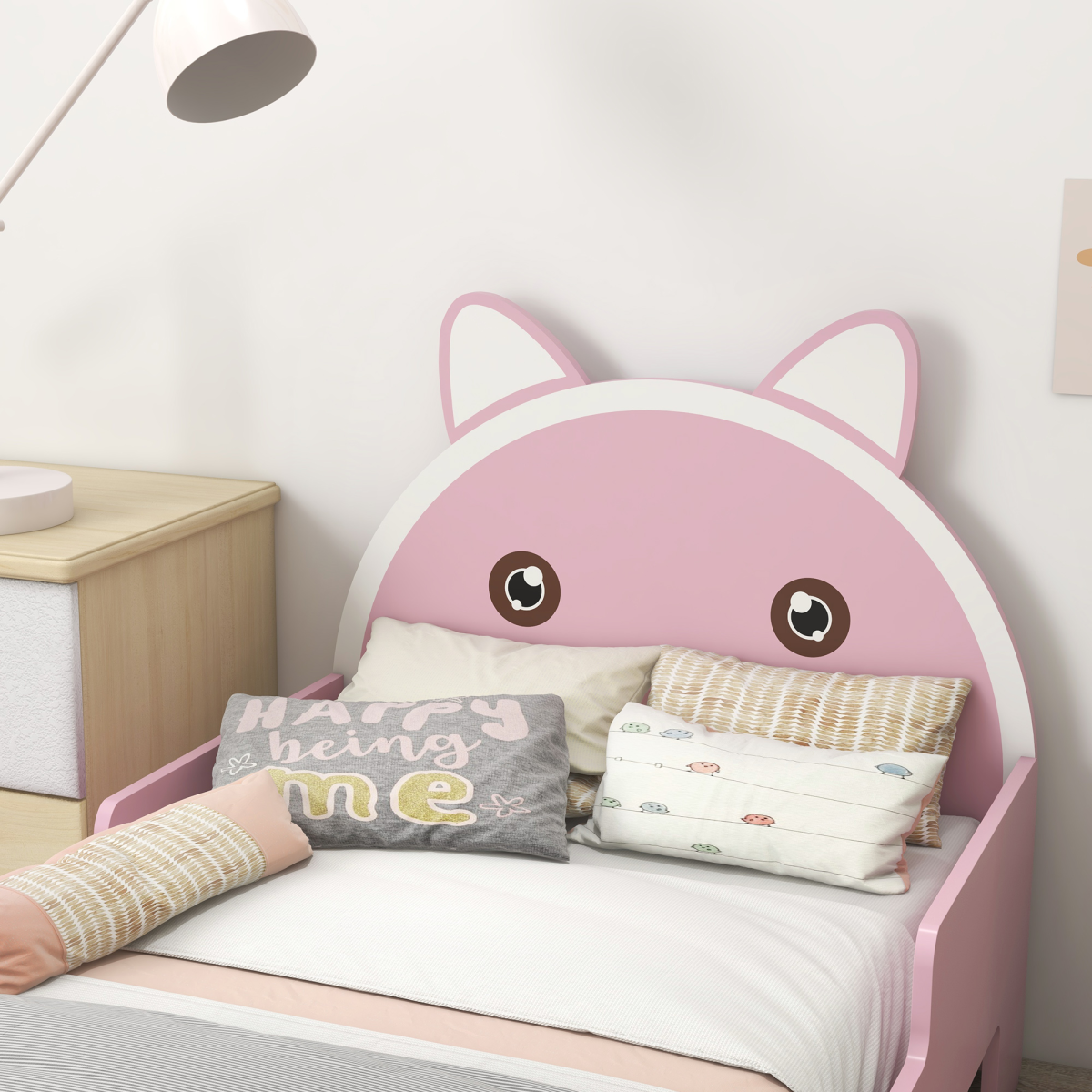 Kids Cat Bed Frame with Guardrails – Pink (Ages 3–6)