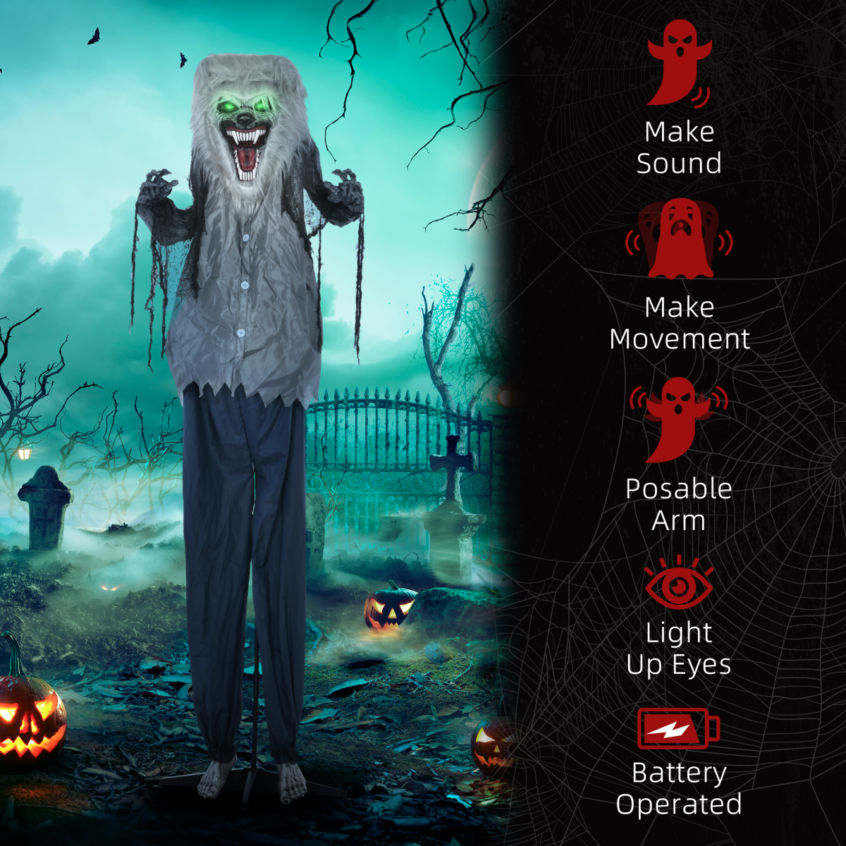 210cm Skeleton Werewolf Halloween Animatronic with Pop-Up Head & Glowing Eyes – Grey/Blue