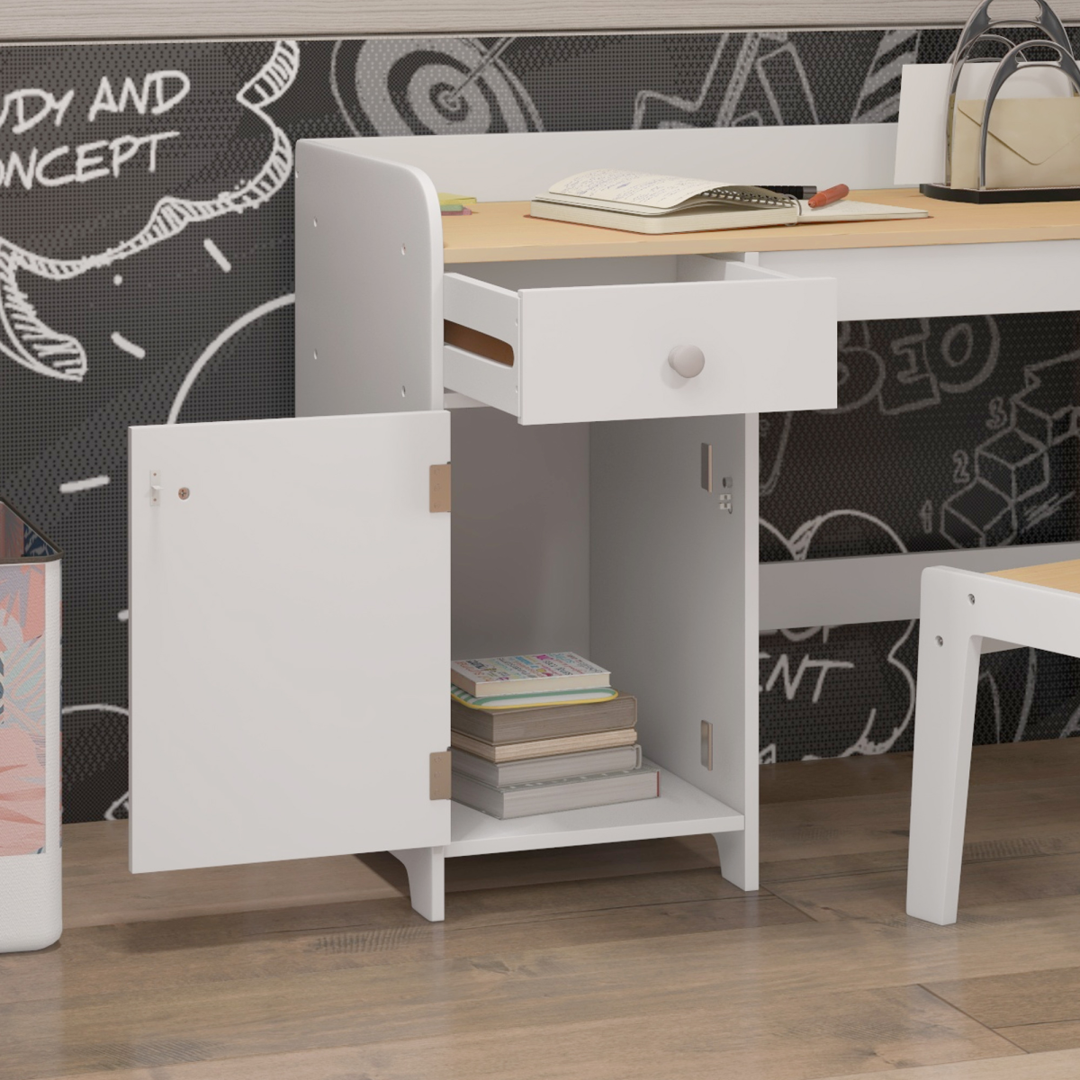 Kids Desk & Chair Set with Storage – White (Ages 3–6)
