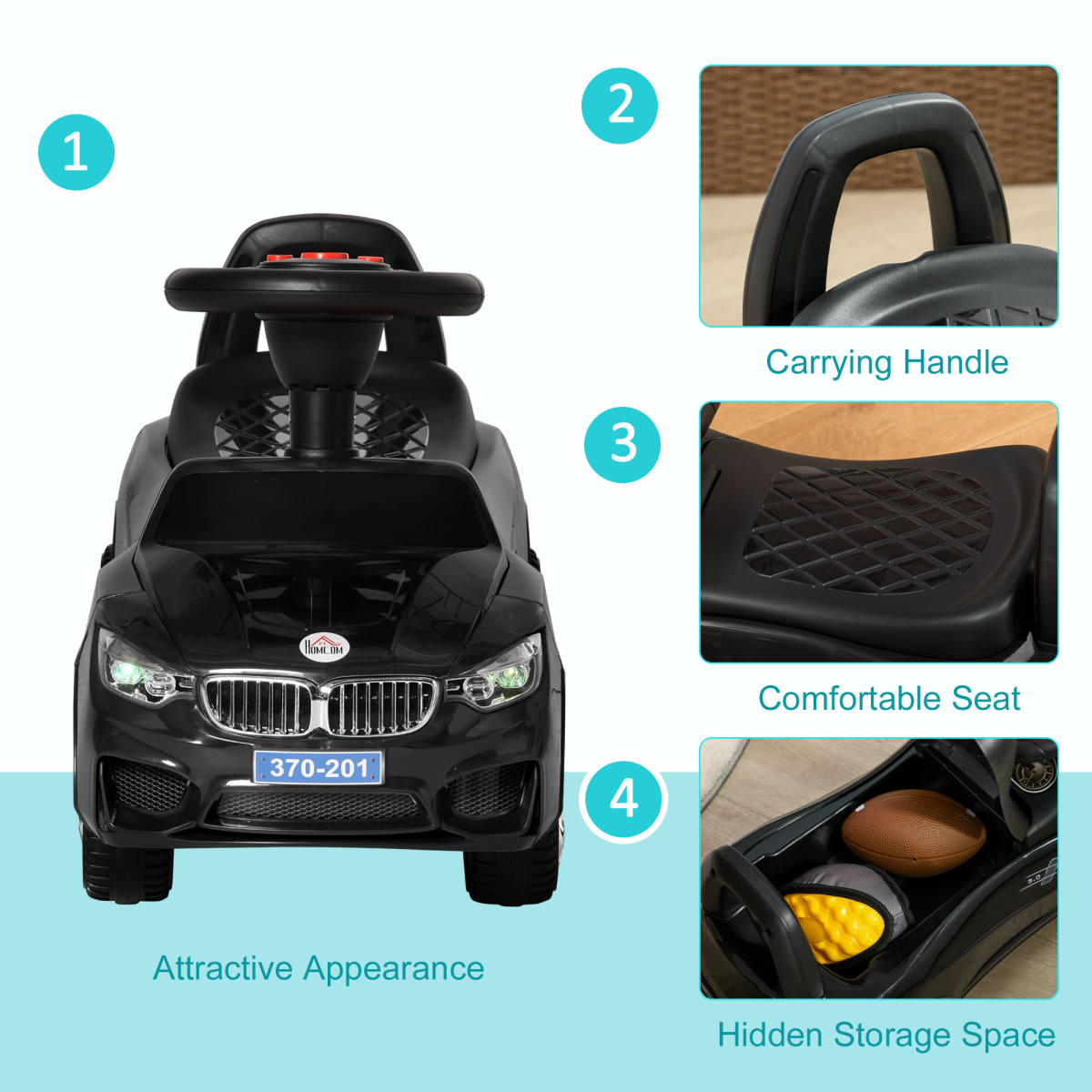 Toddler Ride-On Car with Horn, Music & Storage – Black