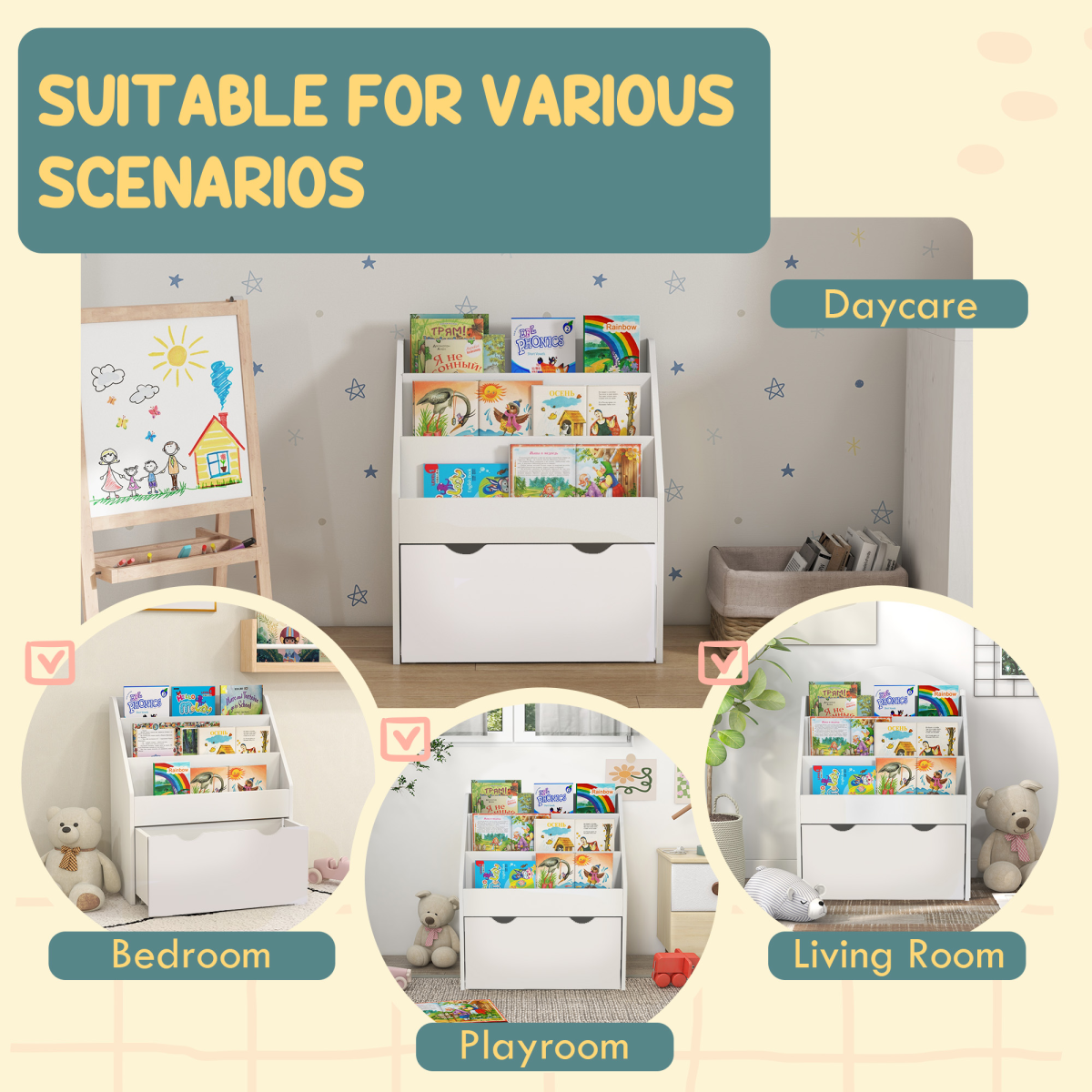 Kids Storage Cabinet with Shelves & Wheeled Drawer – White (Ages 3–8)