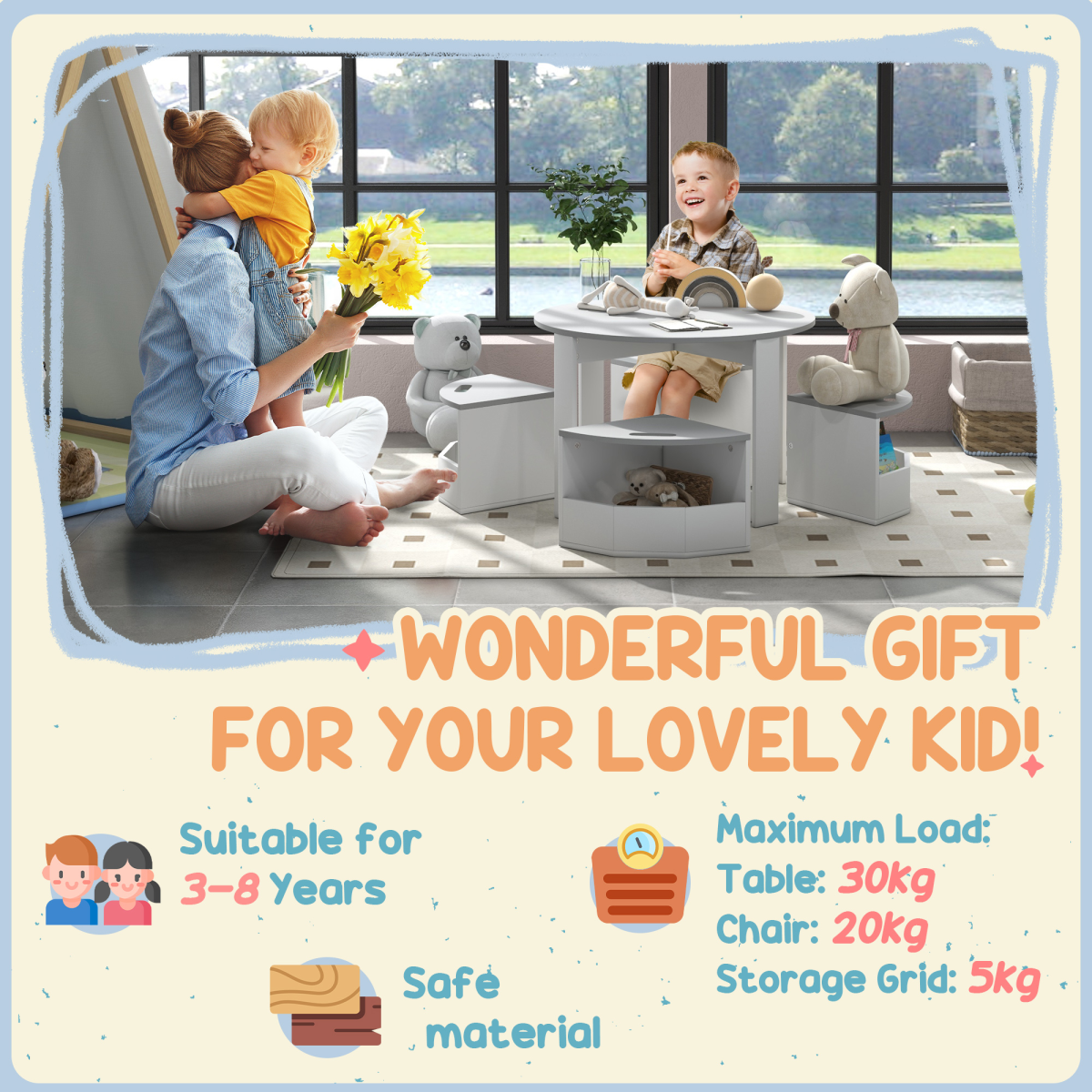 5-Piece Kids Table and Chair Set with Hidden Storage – Grey & White
