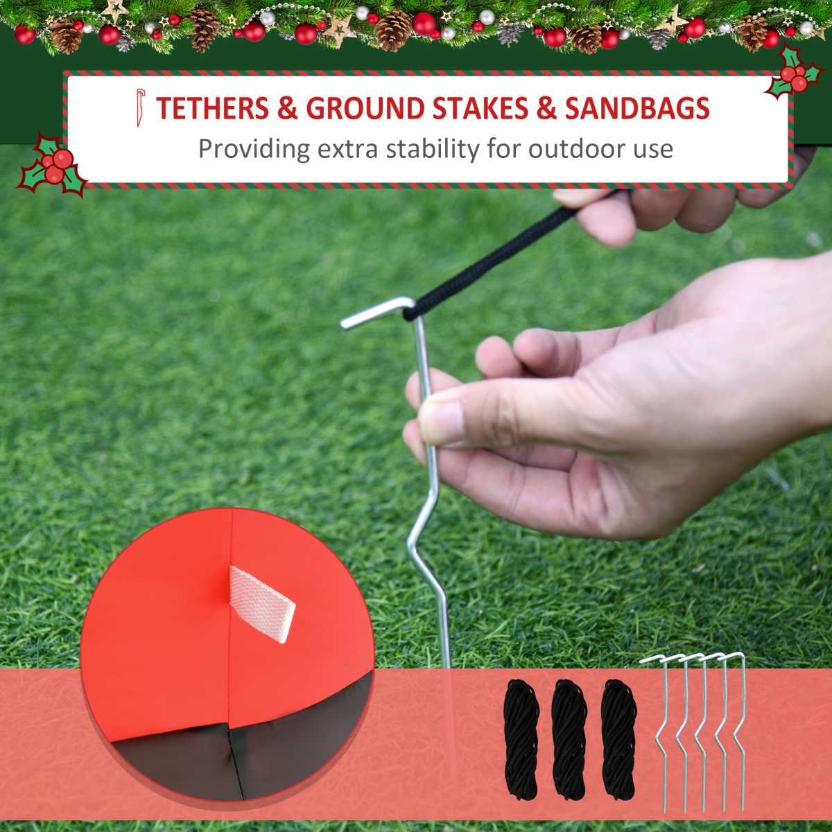 Hand holding a ground stake with text about tethers, ground stakes, and sandbags on a grassy background.