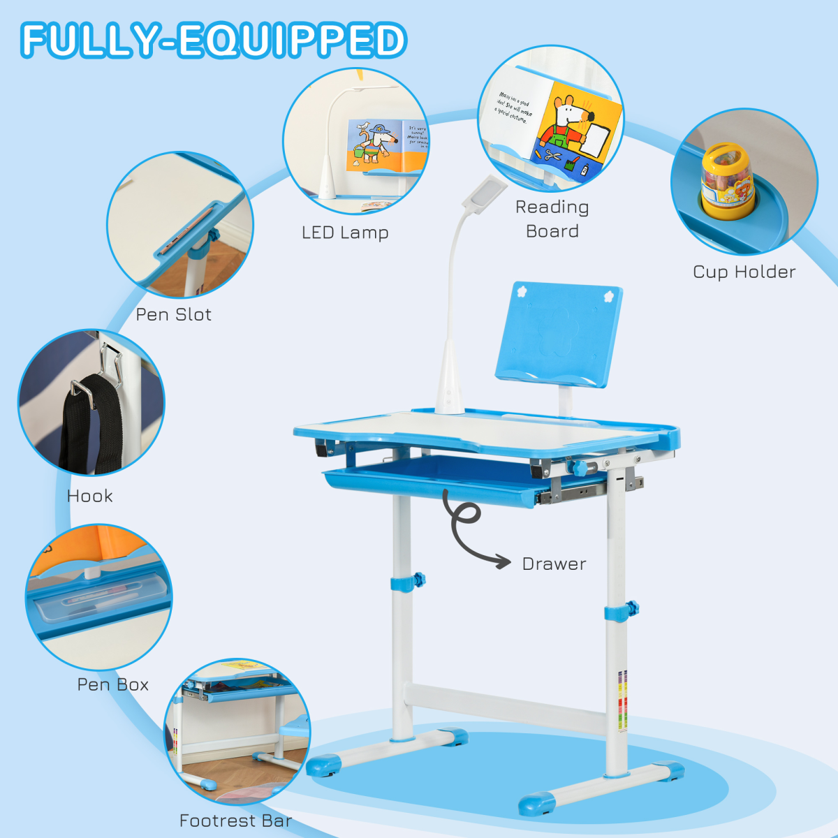 Adjustable Kids Study Desk & Chair Set with Lamp – Blue