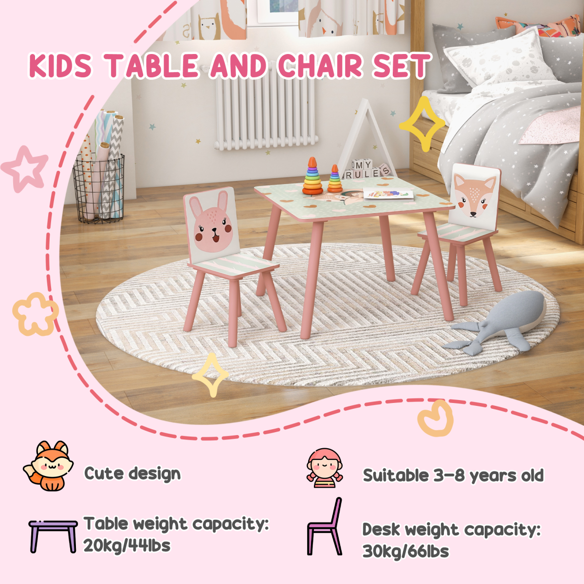 Kids Table & Chairs Set – 3-Piece Desk with 2 Chairs, Pink (Ages 3–8)