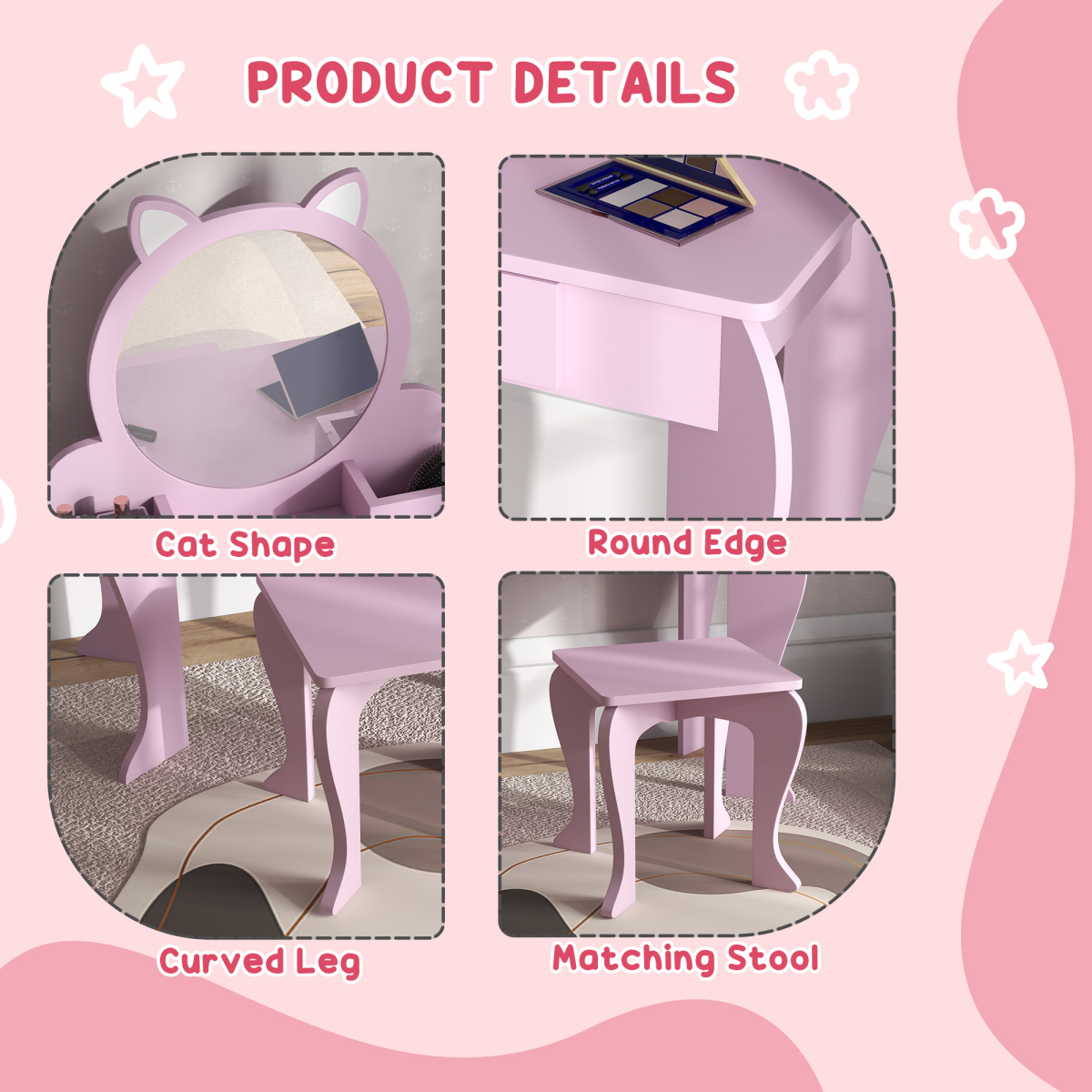 Kids Vanity Table & Stool Set with Cat Design – Pink