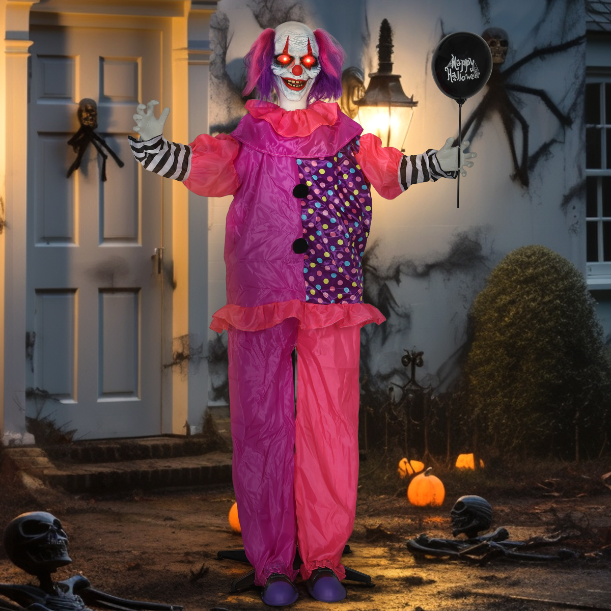 175cm Life-Size Halloween Clown with Moving Body, Mouth & Lights – Pinkish Purple