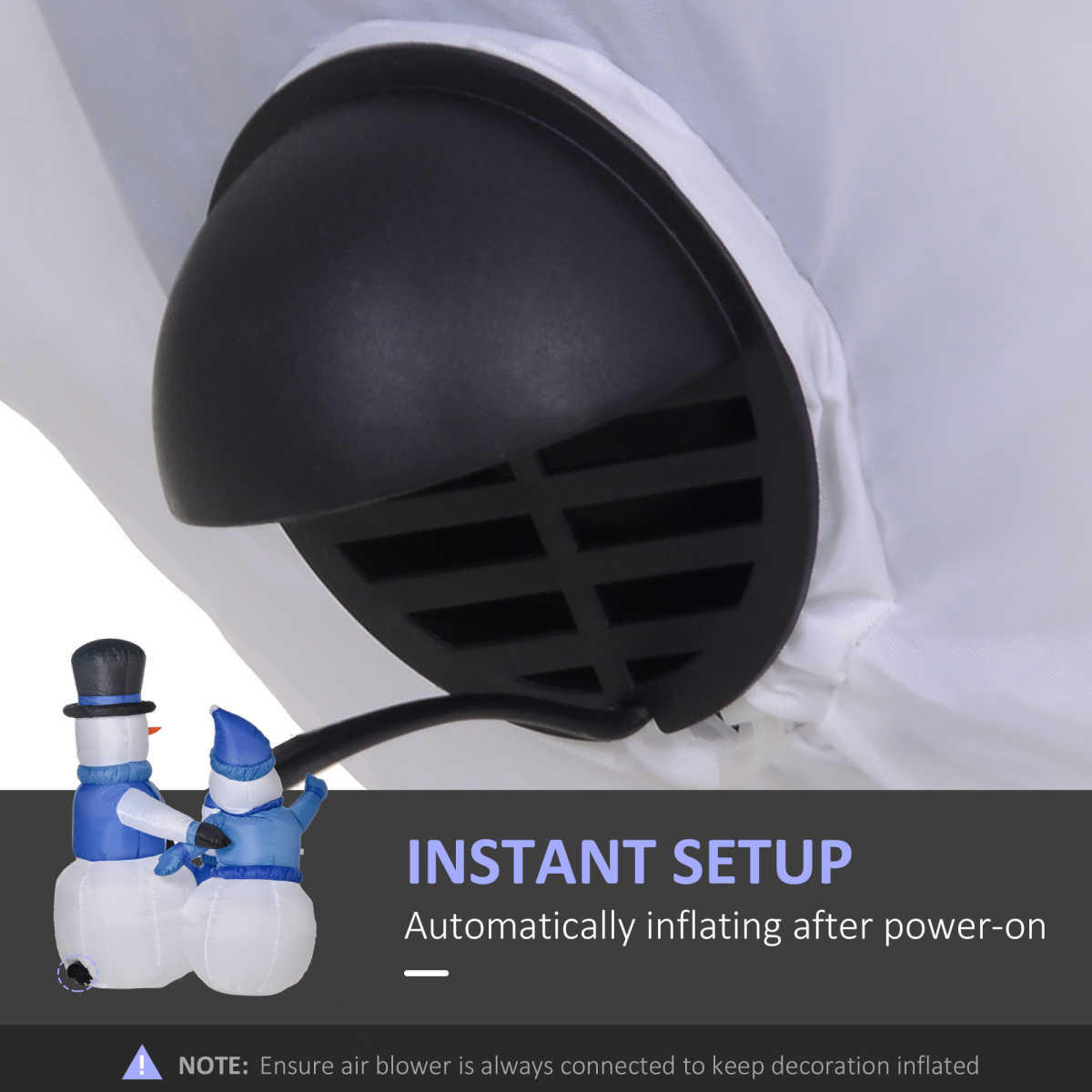Black air blower with snowman decoration and text indicating instant setup.