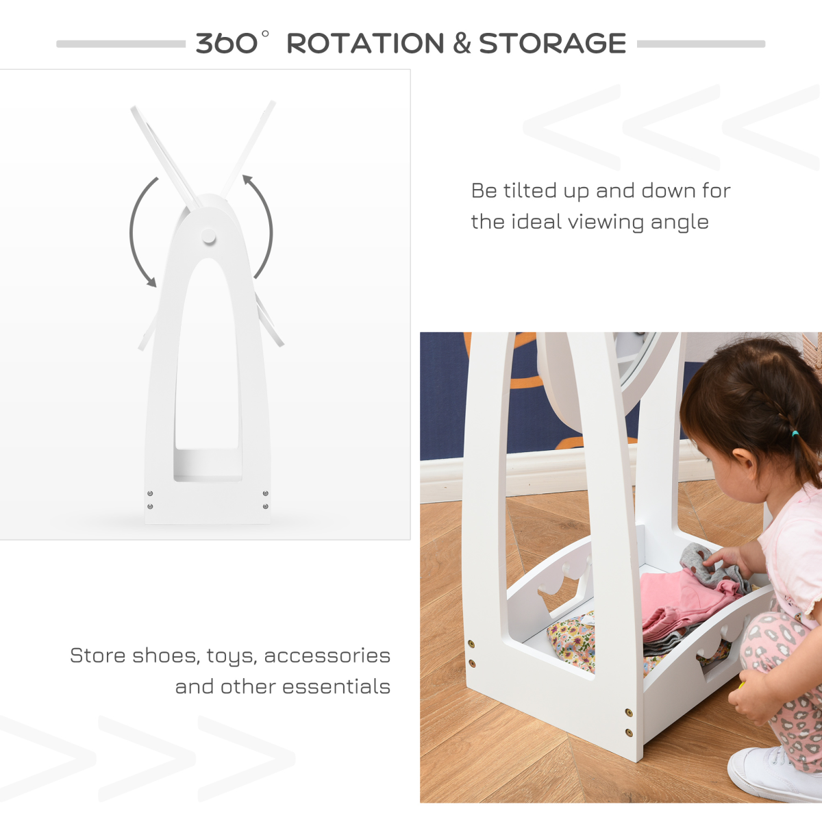 Kids Full-Length Dressing Mirror with Crown Design & Storage Shelf – White