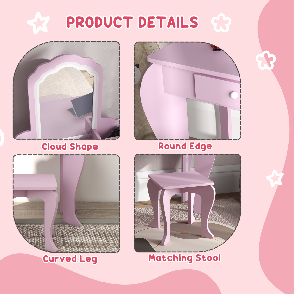 Kids Vanity Table & Stool Set with Cloud Mirror – Pink