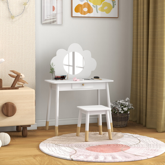 Kids Cloud Dressing Table & Stool Set with Mirror & Drawer – White (Ages 3–6)
