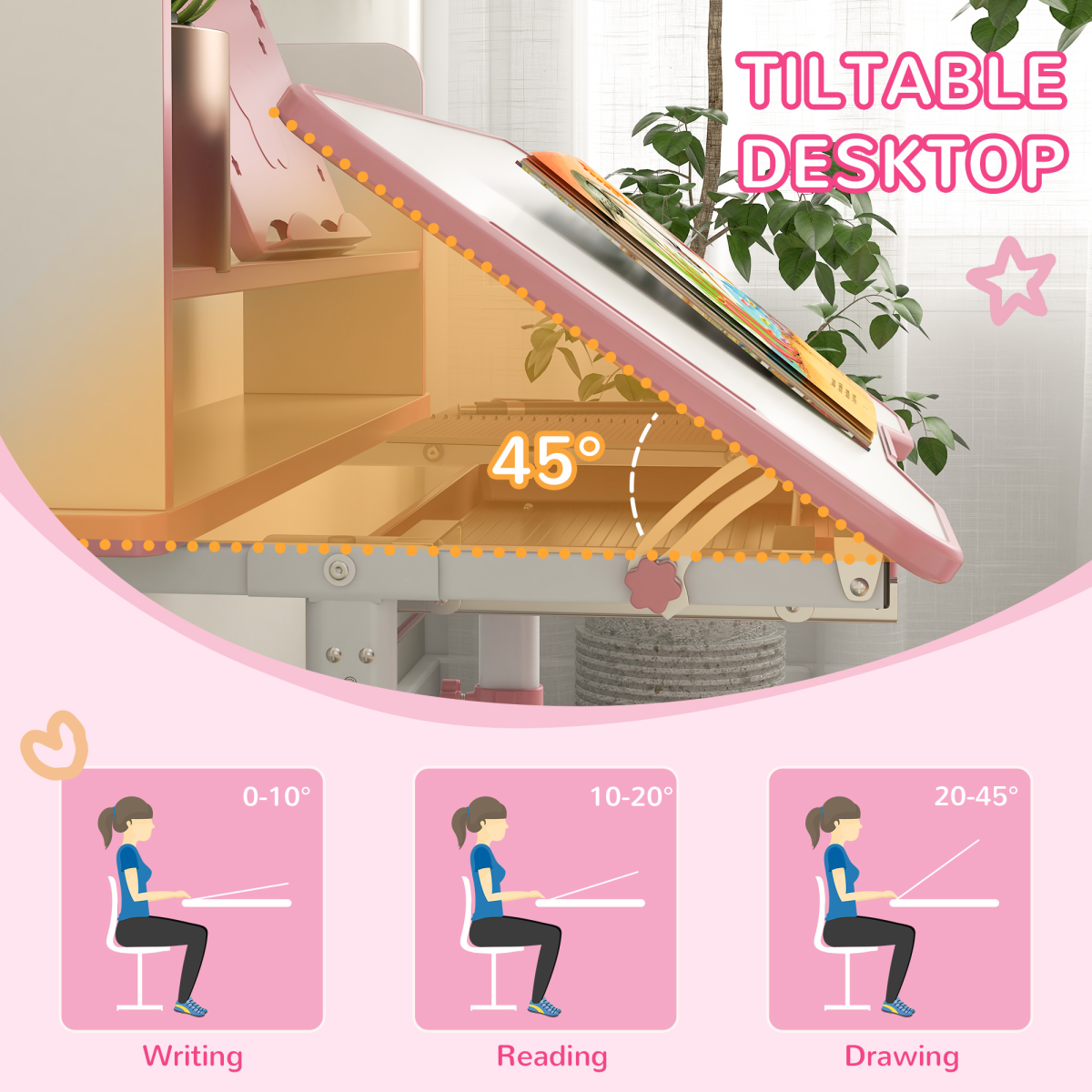Height Adjustable Kids Desk & Chair Set with Drawer & Bookshelf – Pink (Ages 6–12)