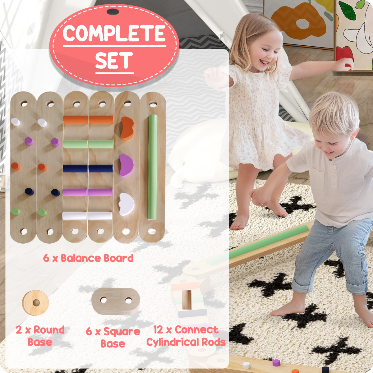 Kids Balance Board Set – 8 Bases, 6 Beams | Multicolour