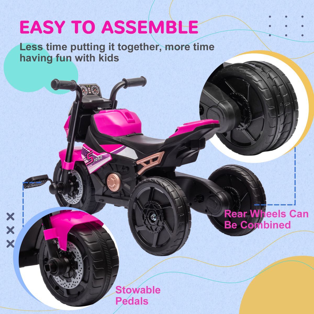 3-in-1 Kids Ride-On Motorcycle – Tricycle, Balance Bike & Sliding Car (Pink)