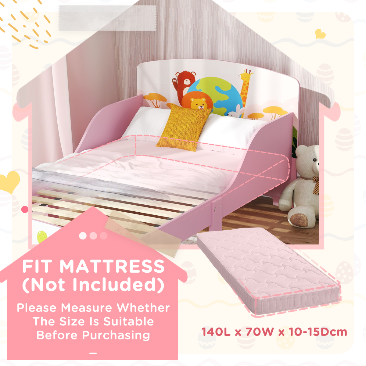 Toddler Bed, Cute Animal-Themed Kids Bed Frame, 143 x 77 x 60cm