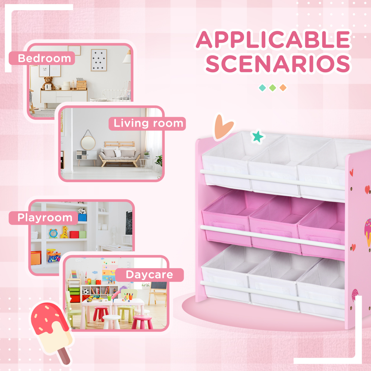 Kids Storage Unit with 9 Removable Baskets – Pink & White