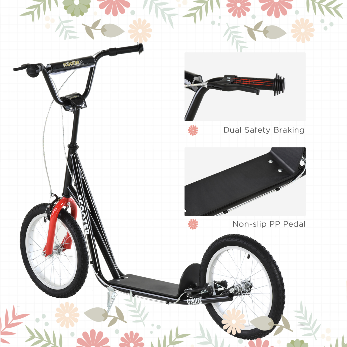 90-96cm Kids Kick Scooter Adjustable Handlebar Inflatable Wheels Black HOMCOM