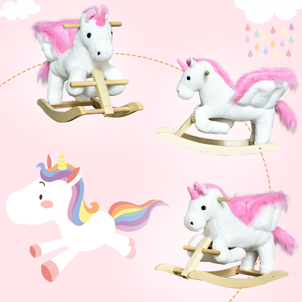 HOMCOM Kids Wooden Ride-On Unicorn Rocking Horse with Music – Pink & White (18+ Months)