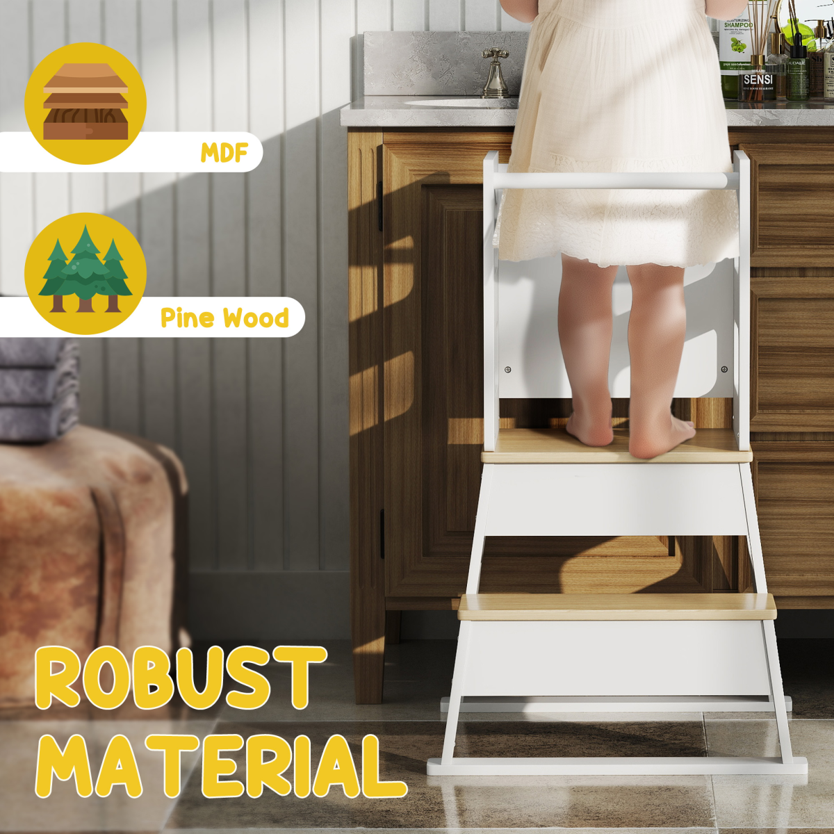 Kids Learning Tower with Blackboard – White & Natural Wood