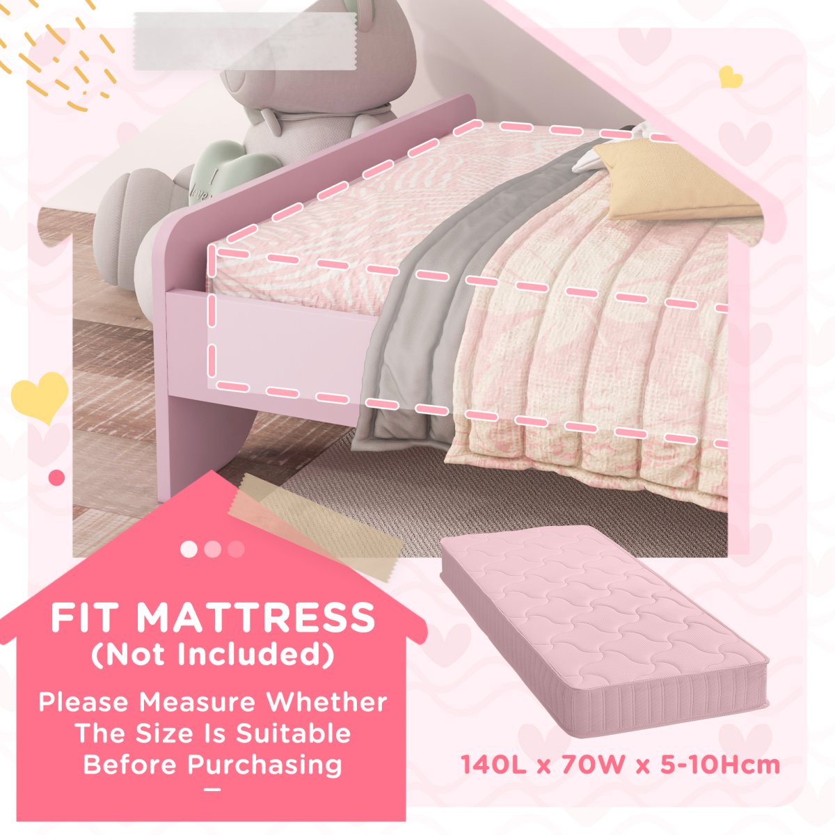 Kids Cat Bed Frame with Guardrails – Pink (Ages 3–6)