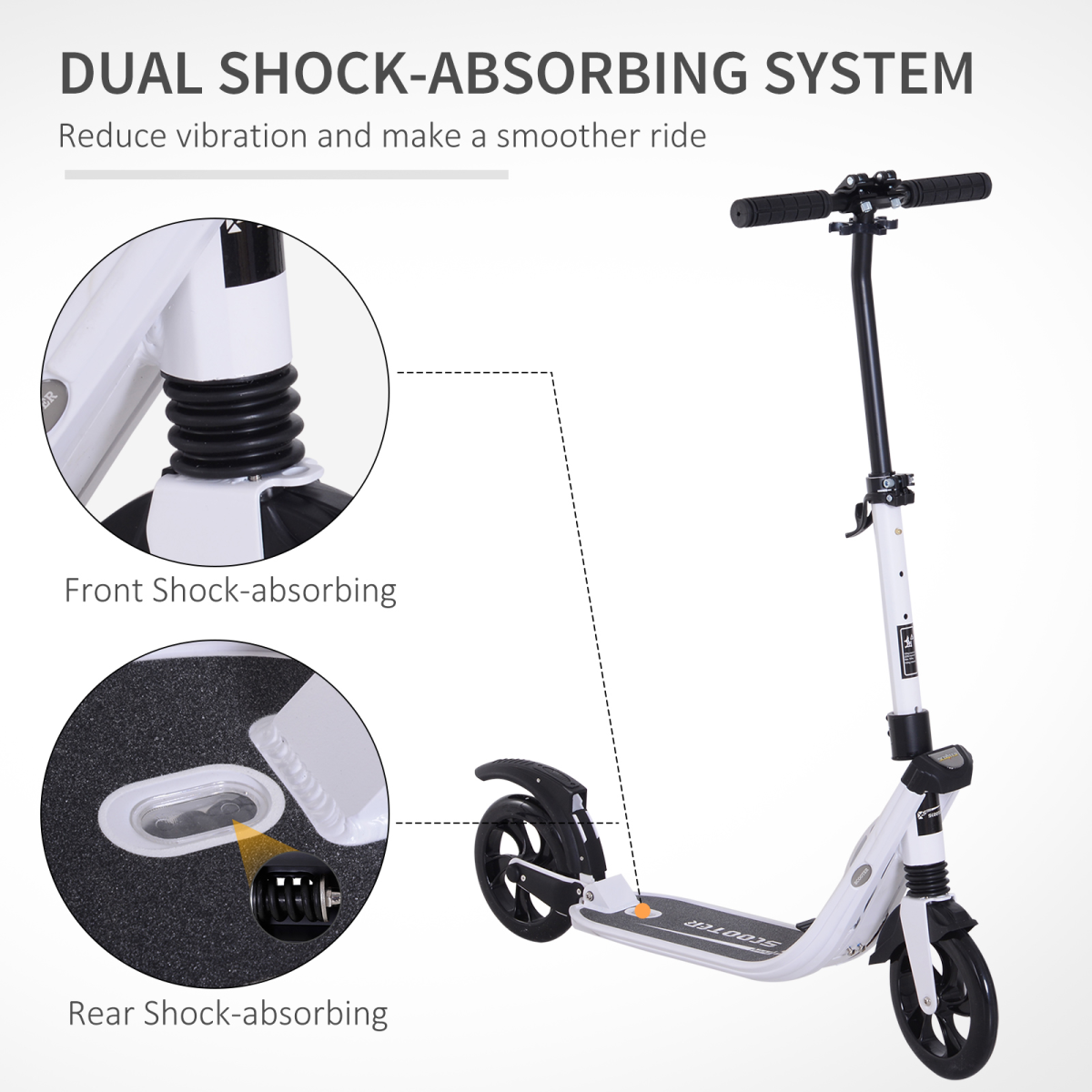 Folding Kick Scooter Teens Adult Ride On Adjustable 2 Big Wheels White