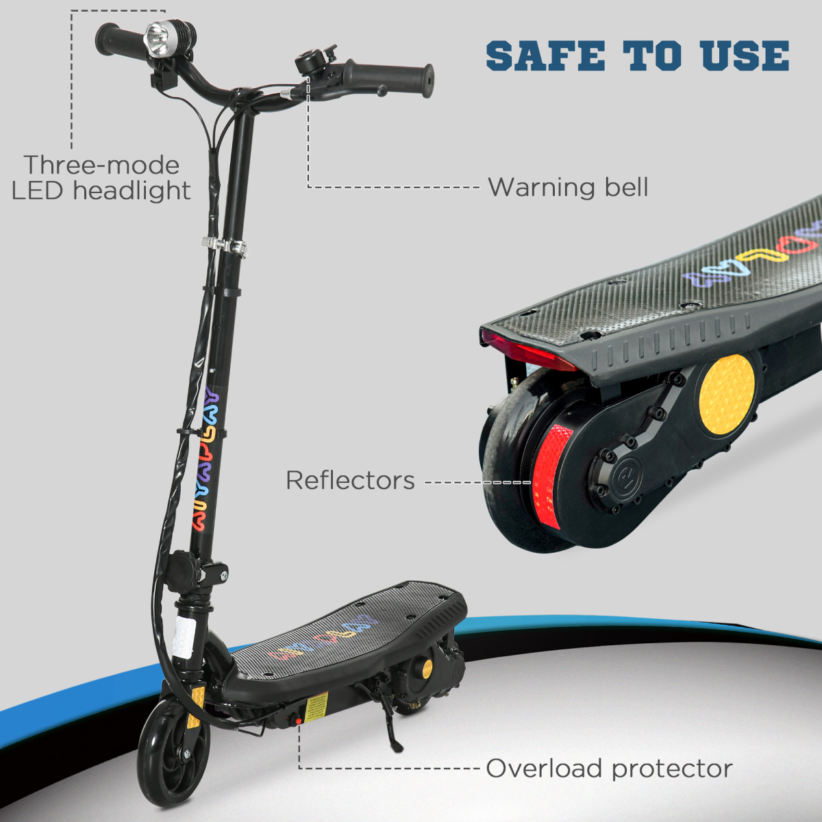 Folding Electric Scooter E-Scooter w/ LED Headlight, for Ages 7-14 Years - Black