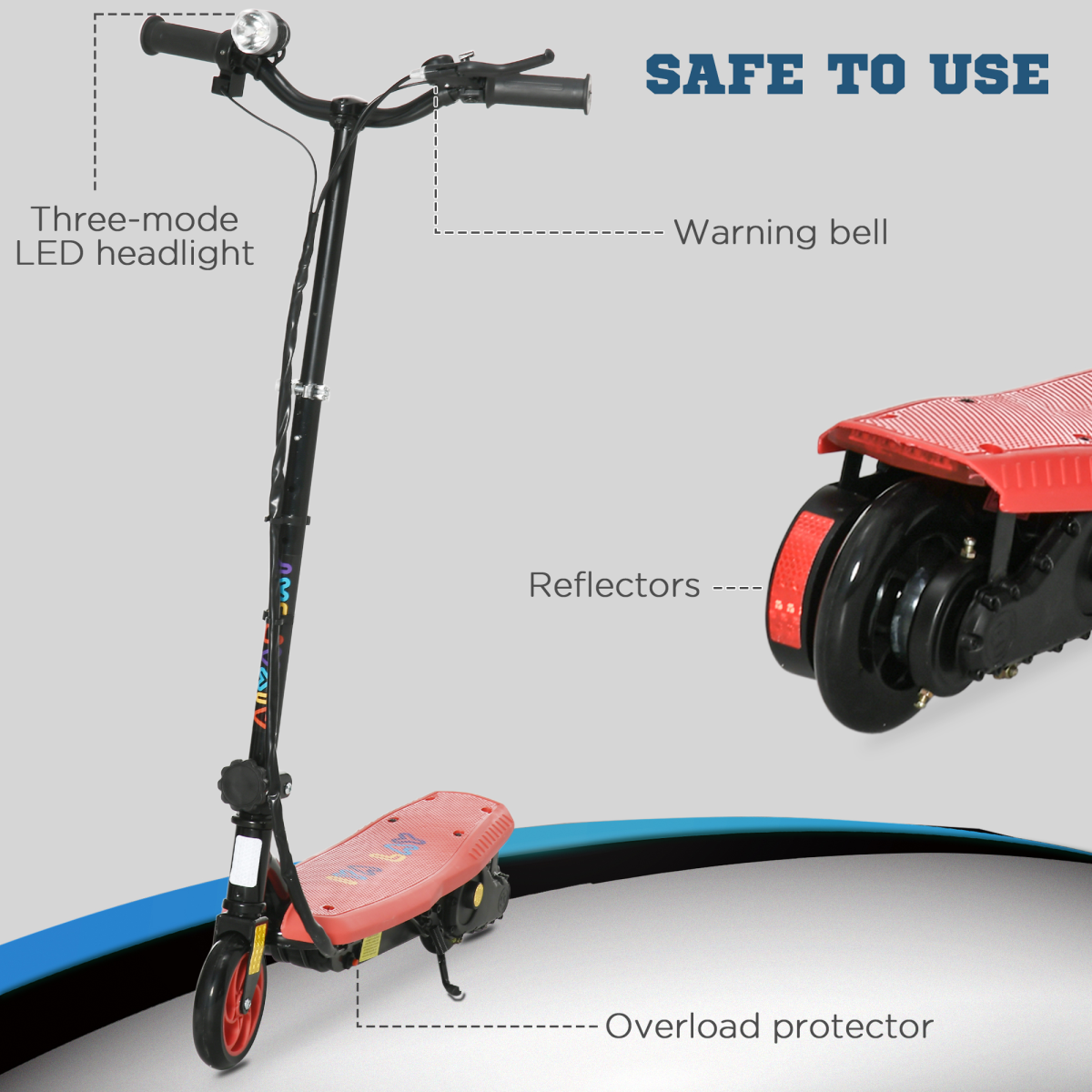 Folding Electric Scooter E-Scooter w/ LED Headlight, for Ages 7-14 Years - Red