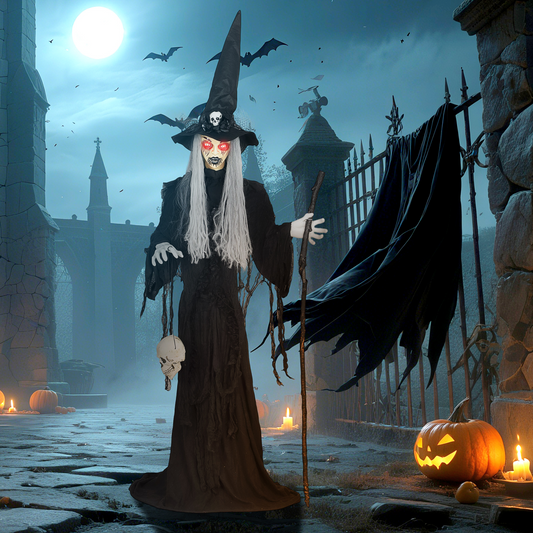 170cm Life-Size Halloween Witch with Sound, Lights & Motion – Black/White