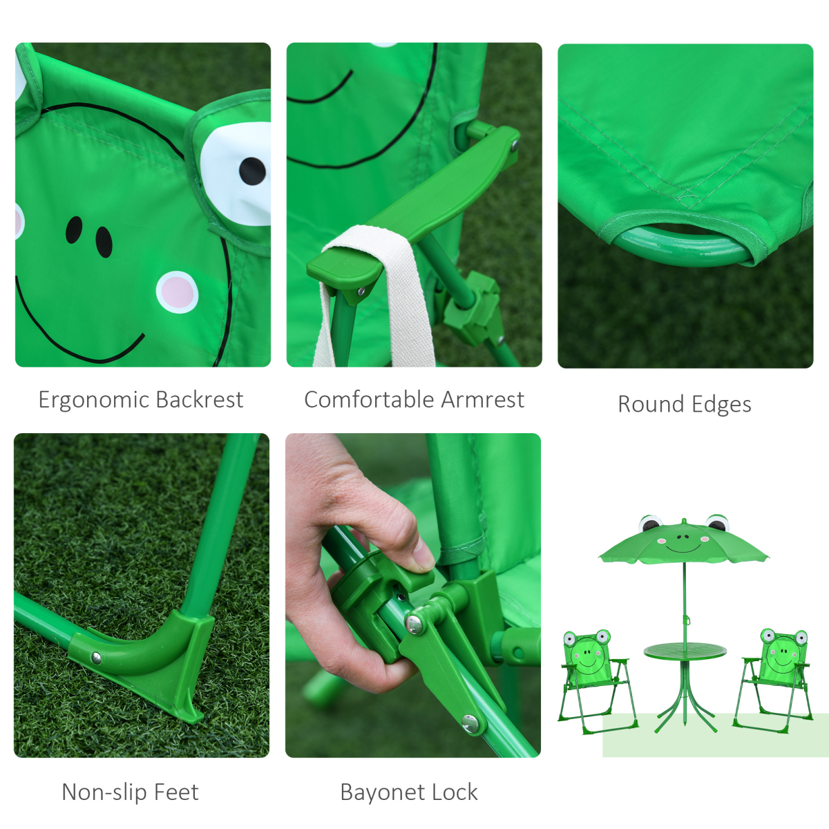 Foldable Patio Kids Metal Picnic Table with Frog Umbrella – 4-Piece Set