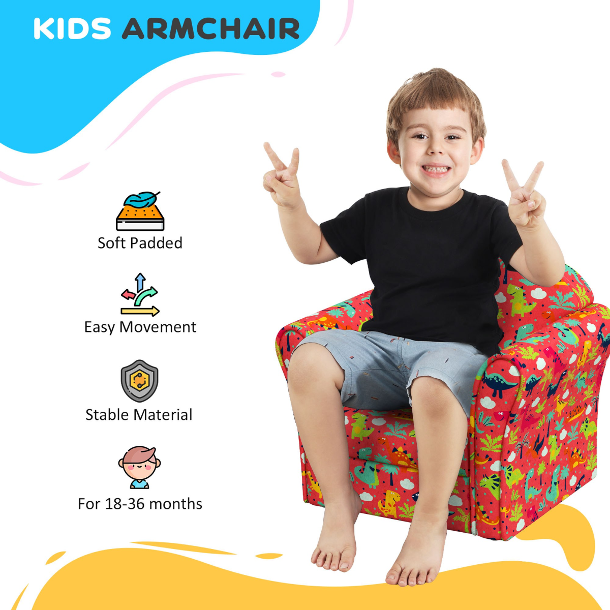 Kids Dinosaur Armchair – Red Toddler Sofa Chair (Ages 18–36 Months)