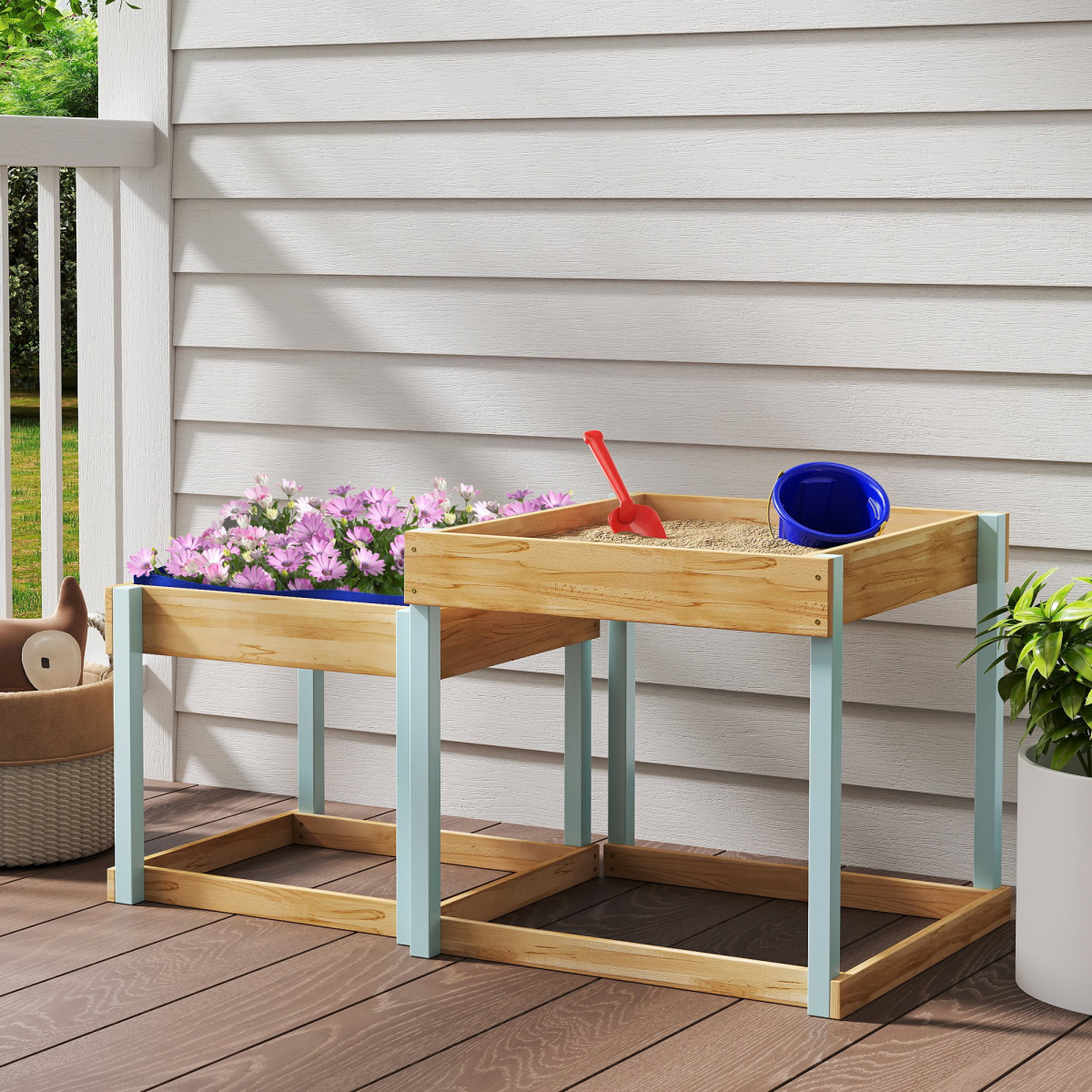 Dual Wooden Sand & Water Play Tables – Compact Nesting Design