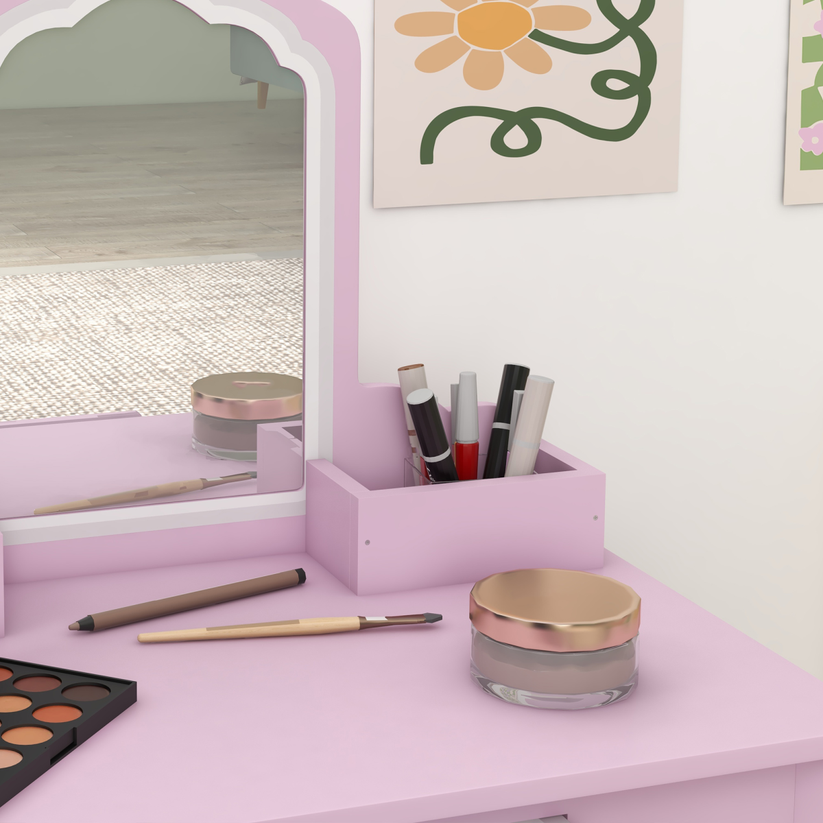 Kids Vanity Table & Stool Set with Cloud Mirror – Pink