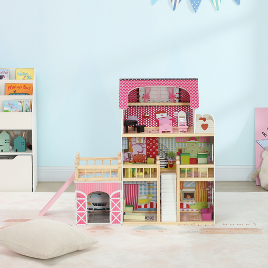 3-Storey Wooden Dollhouse with Furniture & Accessories – Pink