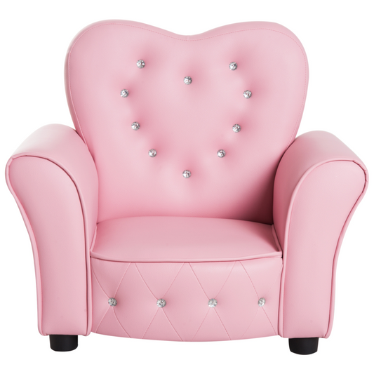 Pink armchair with decorative buttons on a white background