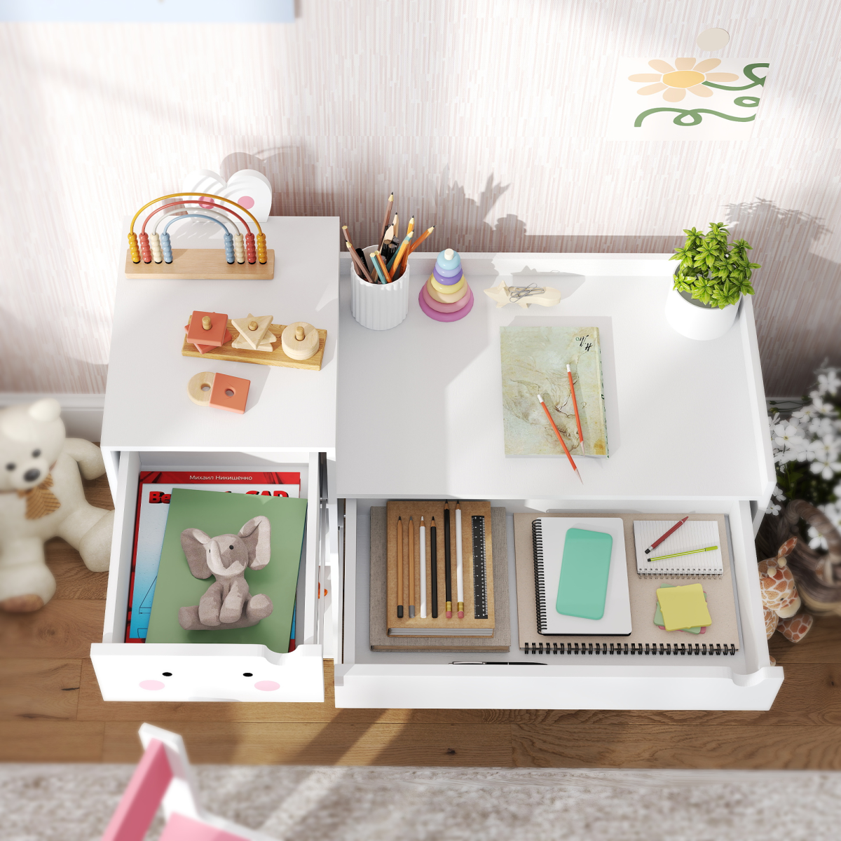 🐰 Kids Table & Chair Set with Rabbit Design – White