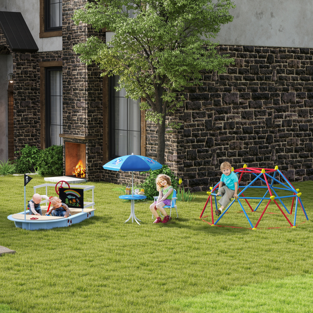 Kids Foldable Four-Piece Garden Set with Table, Chairs & Umbrella – Blue Shark Design