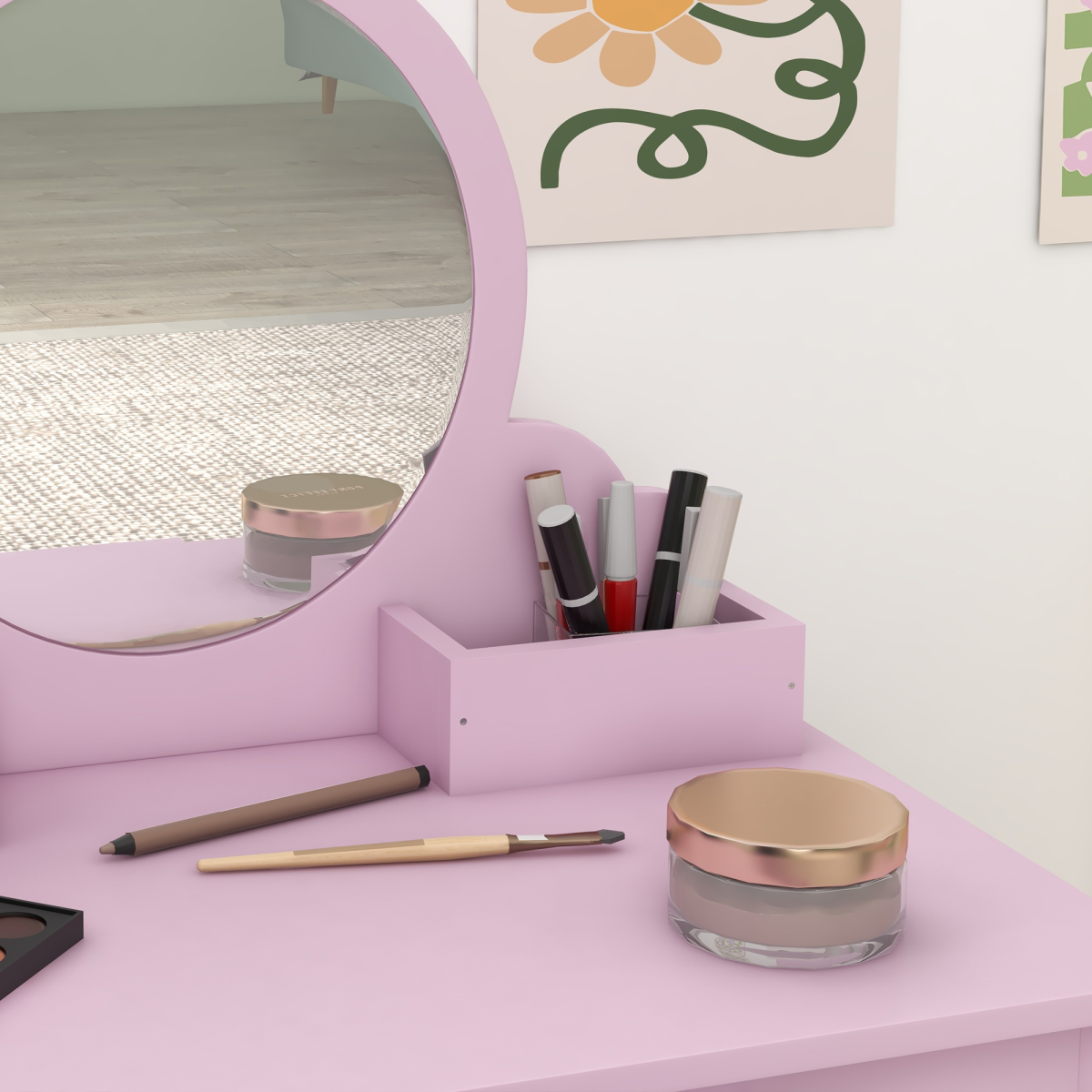 Kids Vanity Table & Stool Set with Cat Design – Pink