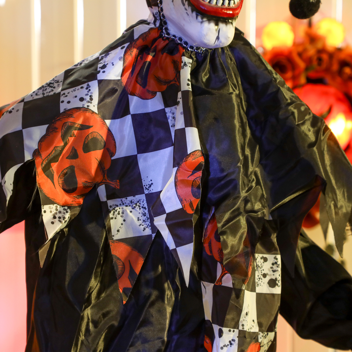 183cm Life-Size Animated Halloween Clown with Sound, Lights & Motion – Black/Orange