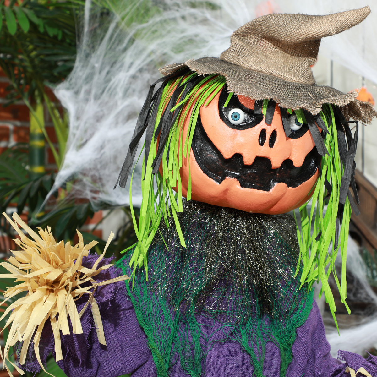 114cm Pumpkin Scarecrow Halloween Animatronic with Lights & Sound – Purple/Black
