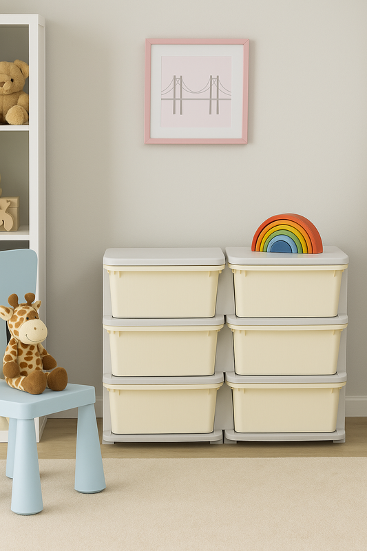 Stack of beige storage bins with gray lids in a room with toys and a rainbow decoration.