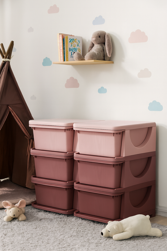 Set of pink storage boxes in a child's room with toys and a teepee.
