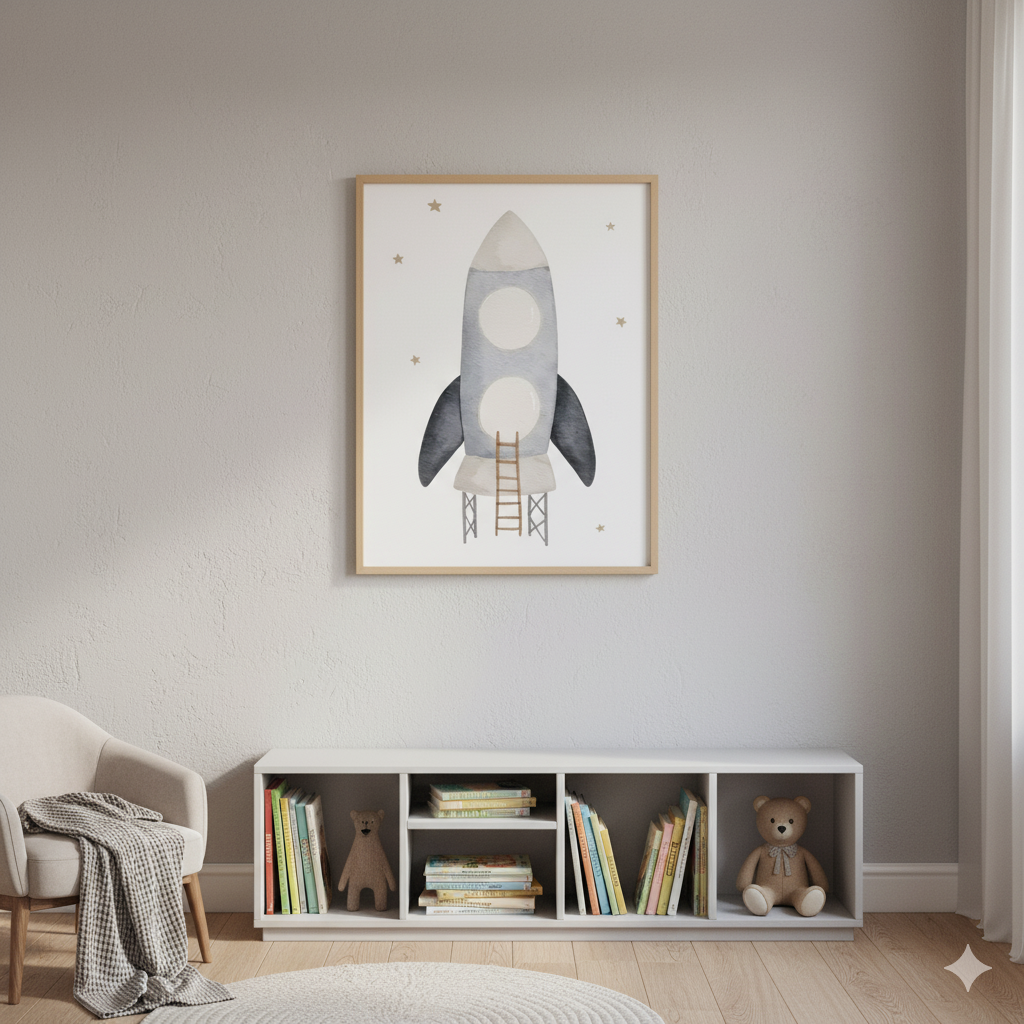 Framed illustration of a rocket on a wall above a shelf with books and toys.