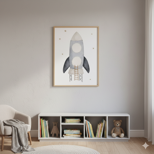 Framed illustration of a rocket on a wall above a shelf with books and toys.