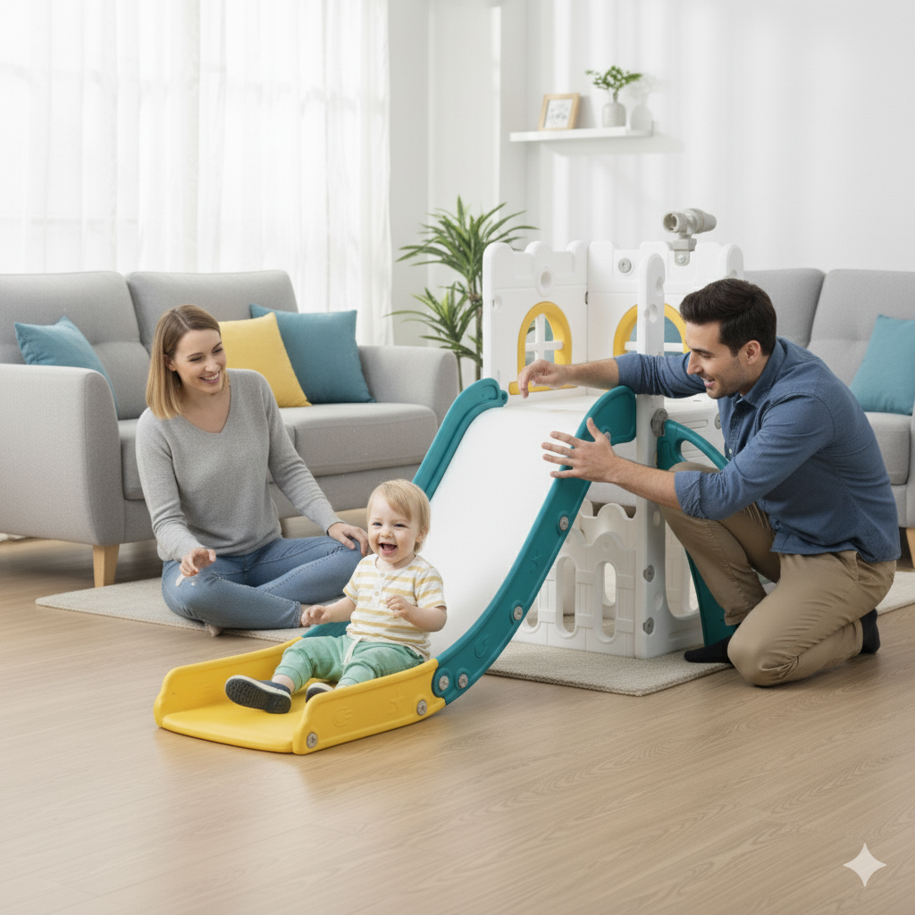 Family playing with a small yellow and blue slide in a living room.