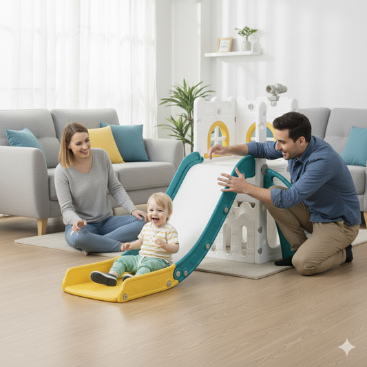 Family playing with a small yellow and blue slide in a living room.