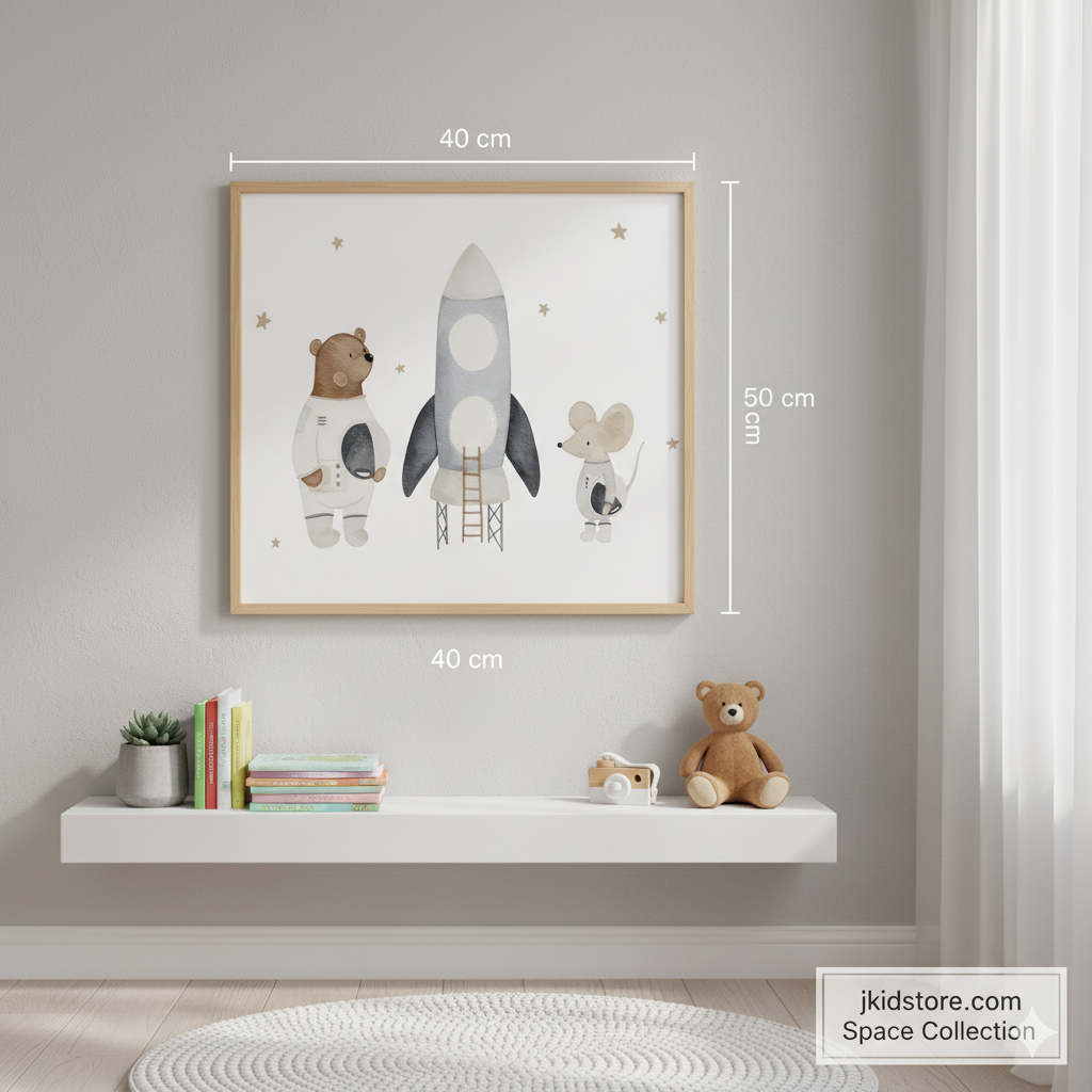 Framed artwork of a bear astronaut and mouse on a rocket with measurements, displayed on a wall above a shelf.